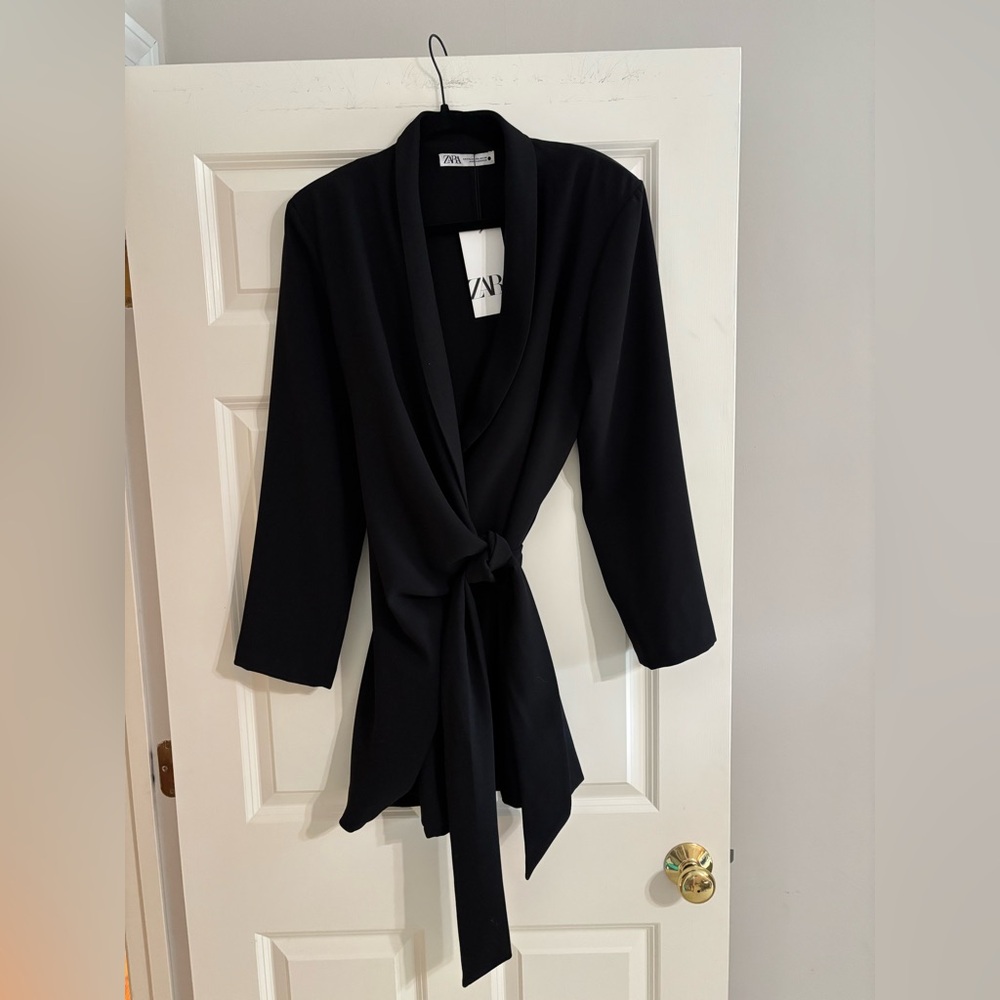 Zara Black Tie-Waist Draped Blazer
